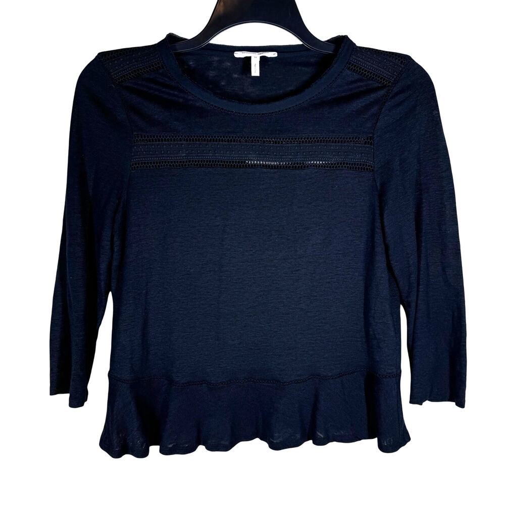 Rebecca‎ Taylor Tiered Peplum Linen 3/4 Sleeve Black Top Women's Med Boho Casual